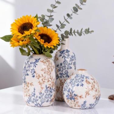 Imagem de Vaso redondo vintage marrom branco, 3 peças, vaso floral verde de porcelana chinoiserie, vasos de flores de cerâmica moderna de meados do século para buquê e decoração de mesa de jantar rústica de
