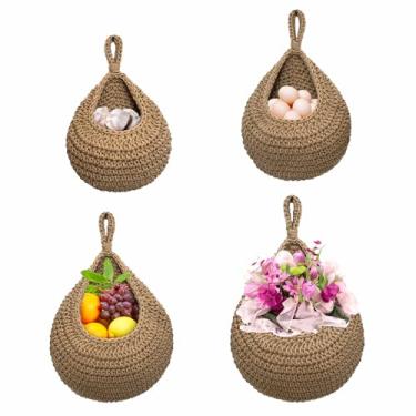 Imagem de Cesta de armazenamento de parede de corda de algodão tecida à mão versátil montada na parede para frutas e vegetais (bege)