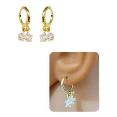 Imagem de Brinco Argolinha com 2 Pingentes Estrela de Zircônia Folheado Ouro 18k