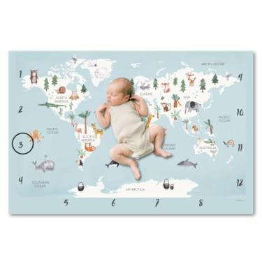 Imagem de Edredom Dupla Face Para Foto Bebê Mêsversário Mapa Mundi Tapete Fotográfico Infantil, Acompanhamento Mensal, Super Macio, Estampa Digital, Com Marcador MDF