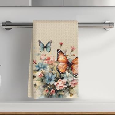 Imagem de Toalhas de cozinha vintage borboleta 35 x 61 cm, reutilizável absorvente waffle trançado aquarela floral prato toalhas de chá para limpeza cozinhar assar, outono inverno fundo bege decoração de