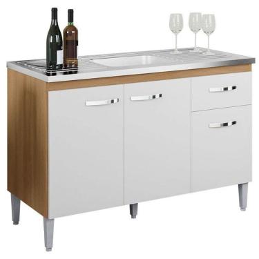 Imagem de Balcão De Cozinha Para Pia Gabriela 120cm 3 Portas 1 Gaveta Sem Tampo Amêndoa/Branco