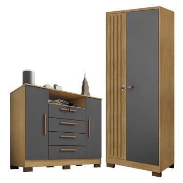 Imagem de Comôda Madri Com Armário Multiuso Versátile Carvalho Americano Grafite – Incorplac