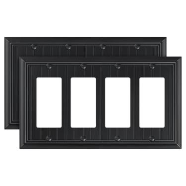 Imagem de Pacote com 2 capas clássicas para interruptores de parede decoradores quadriciclos, placas de interruptor decorativas pretas e tampas de tomada, placa de parede de fibra de bambu natural de 4 grupos