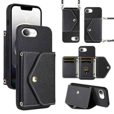Imagem de Dibosom Capa carteira minimalista para iPhone SE4 2024 com alça de ombro, 6 compartimentos para cartões, fina e fina, suporte para cartão de crédito de couro PU, acessórios, capa para celular para