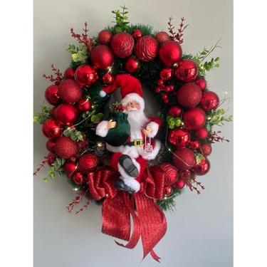 Imagem de Guirlanda Natalina com Papai Noel 55cm - Guirlanda LED com Santa Claus e Bolas Vermelhas para Porta