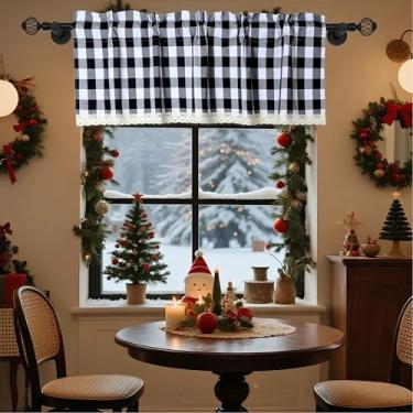 Imagem de Bentrilisa Buffalo, xadrez, saia para janela de cozinha, preto, branco, bolso para varão, casa de fazenda, cortinas com acabamento em renda, 142 x 45,7 cm