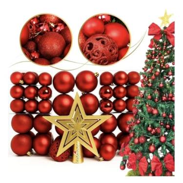 Imagem de Kit 100 Bolas De Natal Grande - 1 Estrela Topo De Árvore Ponteira Bolinhas Enfeite Natalino- Cor: VERMELHA