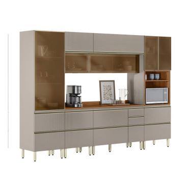 Imagem de Armário de Cozinha Compacta com 5 Vidros Reflecta Proença 9 Portas 11 Gavetas Nude e Nogueira