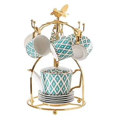 Imagem de Conjunto de chá 15 peças de porcelana vitrificada estilo europeu serviço de café e chá com 6 peças de xícaras e 6 peças de chá conjunto de café (verde, conjunto de 11) (conjunto verde com 11)