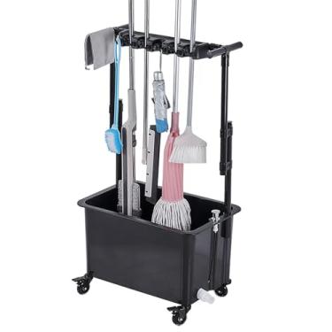 Imagem de Suporte de vassoura e esfregão para colocar esfregões molhados móveis para limpeza de rack de esfregão comercial armazenamento de carrinho, design de roda de 360° Pp Catch Basin (A)