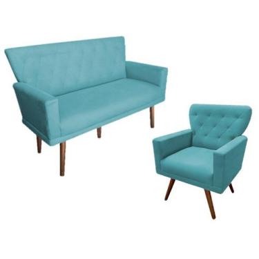 Imagem de Kit Namoradeira + 1 Poltrona Decorativa Aurora Suede Azul Turquesa Pés
