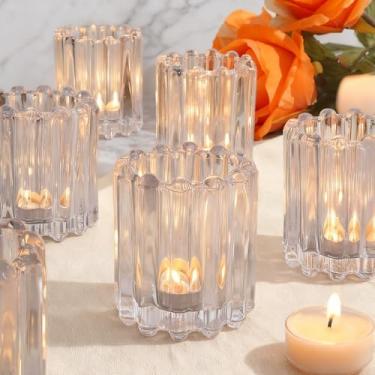 Imagem de Pacote com 6 velas votivas de vidro transparente, suporte de vela Tealight, suporte de vela de chá de vidro para decoração de mesa de casamento, castiçais votivos vintage para mesa de centro de mesa