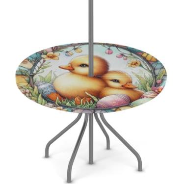 Imagem de hongjinglin Toalha de mesa de Páscoa para uso ao ar livre com orifício para guarda-chuva, toalha de mesa redonda elástica com zíper, impermeável, limpável, para piquenique, festa, pátio, serve para