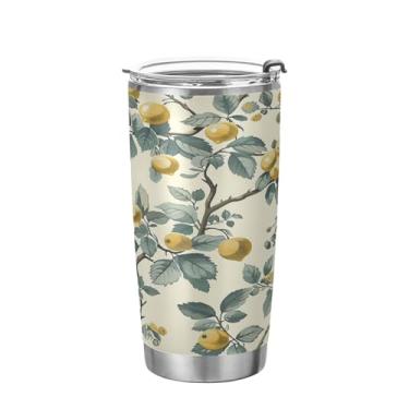 Imagem de xigua Copo de limão de verão com tampa de palha, caneca de viagem a vácuo de parede dupla, caneca de café bem isolada, copo de aço inoxidável para bebidas quentes e frias, 600 ml