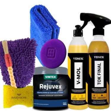 Imagem de Kit de Limpeza Motos e Carros, SHampoo Automotivo V-mol, Tok Final, Rejuvex 400g, Aplicador, Pano 38x38cm, Luva, Pincel e Esponja