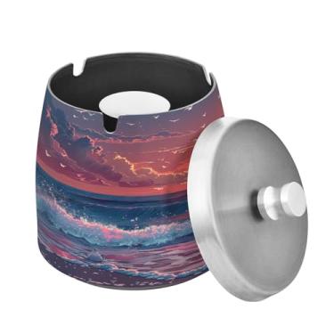 Imagem de Blueangle Cinzeiro de ondas de praia com tampa para cigarros, à prova de vento/chuva, aço inoxidável, sem fumaça, inodoro, cinzeiro para uso interno ou externo (423)