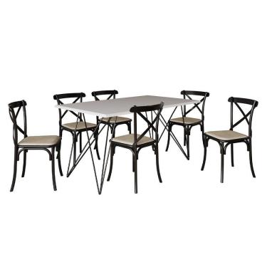 Imagem de Mesa De Jantar Industrial Com 6 Cadeiras Katrina Preto Trama Premium Branco 150 Cm - Cor: Preto