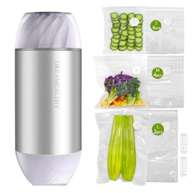 Imagem de Seladora a vácuo portátil automática para alimentos com 10 sacos de vedação a vácuo reutilizáveis (4 pequenos, 4 médios, 2 extralongos), vedação com um toque, sem BPA, válvula de ar resistente