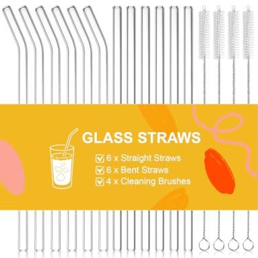 Imagem de CEDIDJAC Conjunto de 16 canudos de vidro reutilizáveis, 6 canudos retos e 6 dobrados (8,5" x 10 mm) com 4 escovas de limpeza, perfeitos para smoothies, milkshakes, café, suco, leite, coquetéis