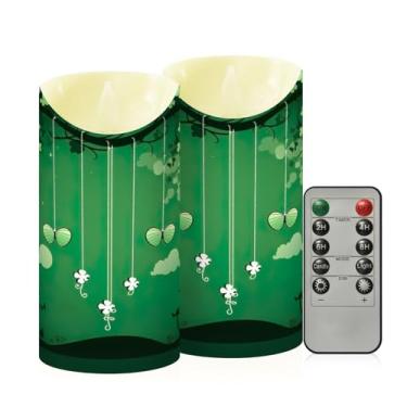 Imagem de Wassud Pacote com 2 velas sem chama de trevo de três folhas com controle remoto, velas realistas cintilantes com temporizador, velas decorativas para Natal, casamento, festa, decoração de casa média
