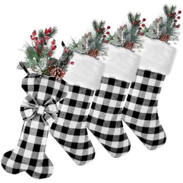 Imagem de BBTO 4 peças de meias de Natal, meias xadrez de búfalo de 45 cm, grande formato de osso, decoração de Natal para lareira para família de Natal (xadrez búfalo branco e preto)