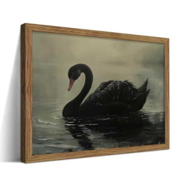 Imagem de Arte de parede de cisne emoldurado, impressão em tela vintage de cisne negro, decoração gótica de academia escura, imagem de animal de fazenda rústica vitoriana para sala de estar quarto 20 x 25 cm