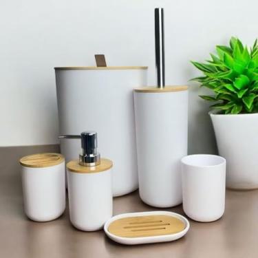 Imagem de Conjunto para Banheiro 6 Peças, Plástico e Madeira, Branco, Design Moderno, com Porta Escova, Lixeira, Dispenser, Saboneteira, cor BRANCA visite nossa loja Leo Top Store