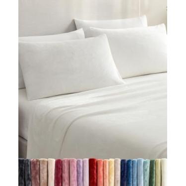 Imagem de Jogo de lençol casal de flanela de veludo com 4 peças - Roupa de cama de lã super macia - 1 lençol de cima e 1 elástico e 2 fronhas - aconchegante, confortável e felpudo - bolsos profundos, felpudos e