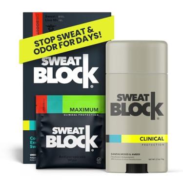 Imagem de SweatBlock Sistema antitranspirante e desodorante de força clínica máxima para homens e mulheres, auxílio para hiperidrose e odor excessivos, 10 lenços DRIBOOST mais desodorante em bastão de sândalo