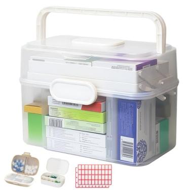 Imagem de Caixa organizadora de medicamentos com alça – Estojo de armazenamento de armário de remédios de 3 camadas com 2 caixas de comprimidos e 70 etiquetas, armazenamento de medicamentos à prova de umidade