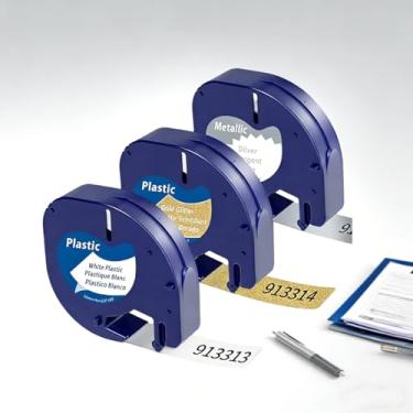 Imagem de Substituição de fita de etiqueta de plástico, compatível com refis Dymo Letratag Label Maker LT-100H LT-100T 200B, pacote com 3 (glitter branco, dourado, prata), 12 mm x 4 m (0,47" x 13')