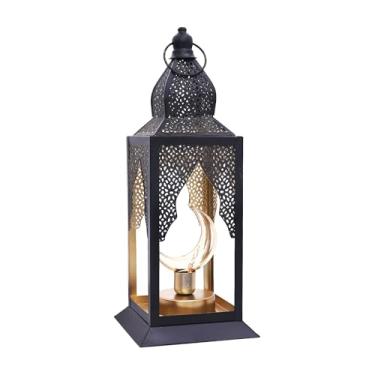 Imagem de Lanterna decorativa marroquina, design de filigrana de metal preto, suporte de luz de estrela com interior dourado, 38 cm de altura, 15 cm de largura, decoração do festival Ramadan Eid Mubarak (lua)