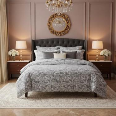 Imagem de Conjunto de capa de edredom floral cinza de luxo - estampa botânica elegante, roupa de cama de algodão macio e respirável, conforto estilo hotel, fronhas incluídas com travesseiro 71 x 71 cm