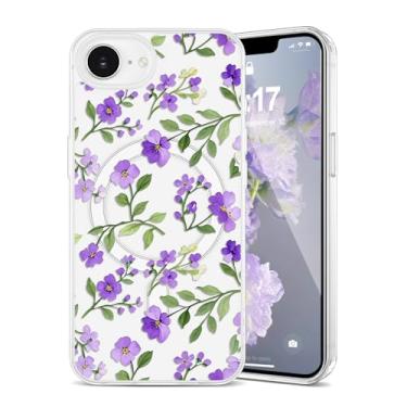 Imagem de EYZUTAK Capa magnética para iPhone 16e com flores compatível com MagSafe, bonita floral elegante estética capa protetora fina transparente antiamarelamento para meninas e mulheres - roxo