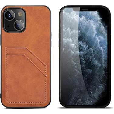 Imagem de BKUANE Capa traseira de telefone, capa de couro sintético à prova de choque porta-cartão para Apple iPhone 14 Plus 6,7 polegadas 2022 [proteção de tela e câmera] (cor: marrom)