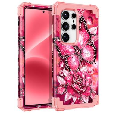 Imagem de Hekodonk Capa para Galaxy S24 Ultra, capa protetora de proteção à prova de choque resistente de três camadas de plástico rígido de silicone macio para Samsung Galaxy S24 Ultra, rosa borboleta rosa
