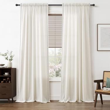 Imagem de SMABU Conjunto de 2 painéis de cortinas de linho, 2 painéis, cortina de janela moderna de fazenda para sala de estar, bolso de varão, privacidade, boho, semitransparente, comprimento até o chão, para