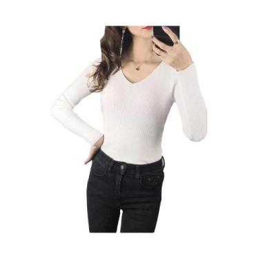 Imagem de Blusa Feminina De Tricô Canelado Com Decote V E Listras, Manga Longa, 