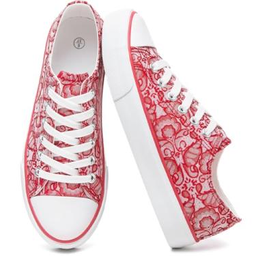 Imagem de yageyan Tênis feminino branco de lona cano baixo tênis feminino moderno para caminhada casual lona confortável, Vermelho, 38