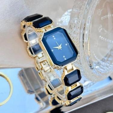 Imagem de Relógio Feminino Dourado Luxo Analógico Pedras Quartzo - Zuriew, Preto