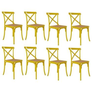Imagem de Kit 8 Cadeiras Jantar Cross Katrina X Amarela Assento Bege Aço Amarelo