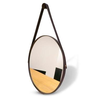 Imagem de Espelho Decorativo Espelho Adnet Couro Costurado com Alça Redondo 50cm