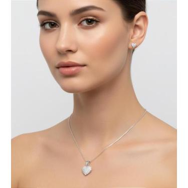 Imagem de Conjunto Coração Cravejado com Zircônia Cristal - Banho de Prata 925 c