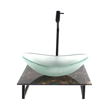 Imagem de KIT CUBA DE VIDRO OVAL 10MM JATEADA COM TAMPO DE VIDRO 40CM X 40CM MÁRMORE IMPERDADOR E SUPORTE PRETO