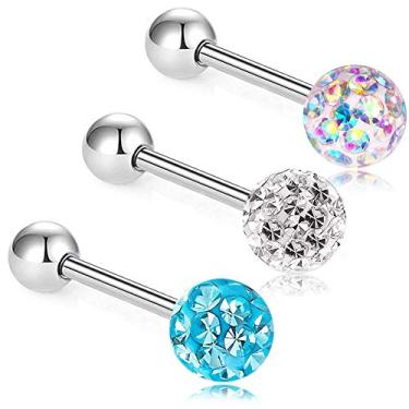 Imagem de ZHIYAOR Anéis de língua de aço cirúrgico antialérgico, feito à mão com cristais epóxi e piercings de 14 g 16 mm