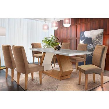 Imagem de Conjunto: Mesa Sala Jantar Alvorada c/ Tampo Madeirado c/ Vidro Canto Reto 180cm + 6 Cadeiras Lunara Imbuia/Chocolate - Rufato