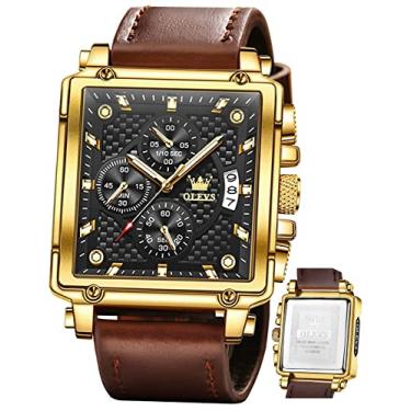 Imagem de OLEVS Relógios quadrados masculinos de couro marrom, cronógrafo, moderno, negócios, luminoso, impermeável, casual, relógios de pulso, Couro marrom preto, Cronógrafo