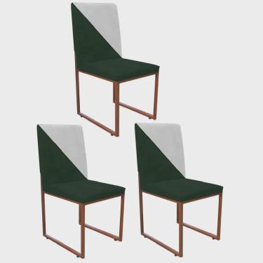 Imagem de Kit 03 Cadeira Office Stan Duo Sala de Jantar Industrial Ferro Bronze Suede Verde e Branco - Ahazzo Móveis