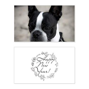 Imagem de Bulldog Pet Animal, imagem escura, festival, ano novo, cartão de felicitações, mensagem de abençoar presente